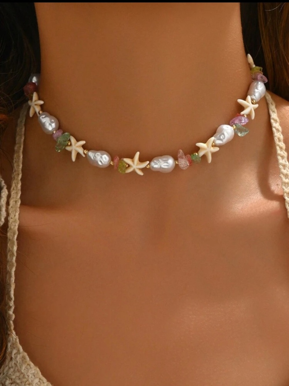 Sea Star Pearl Choker Necklace - White & Multicolor -